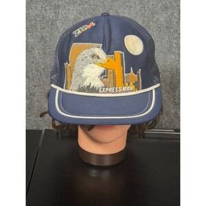 Vintage USPS Express Mail Eagle City Skyline Trucker Hat Navy Blue Snapback USA
